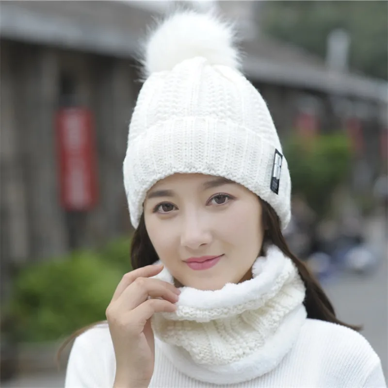 

Neck Warm Scarf Set Knitted Pompom Hat With Letter Decoration For Women In Winter Wool Beanies Skullies Bonnet Femme TEENYOO