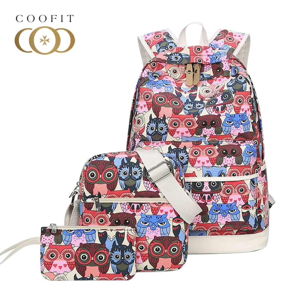 Coofit Рюкзак наборы повседневные женские рюкзаки милая сова печать холст школьная