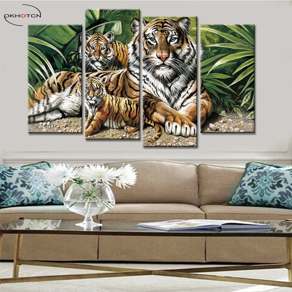 Tiger Baby And Mother Animal Painting Unframed Print Poster Canvas Wall Art Room Decor 4 Pieces/Set Modern Printing | Дом и сад