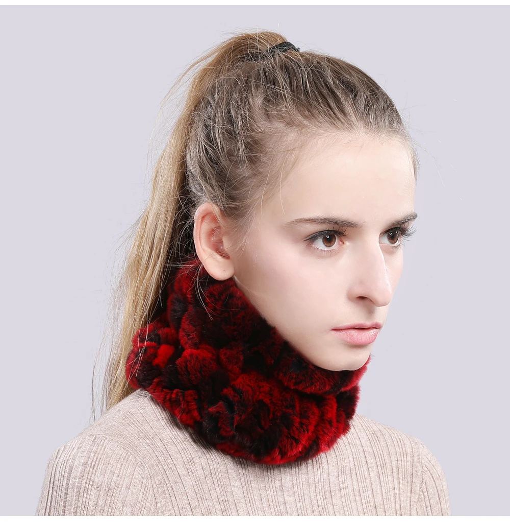 Women Real Fur Handmade Stretch Fur Scarf Knit Genuine Rex Rabbit Fur Headbands Girls Natural Fur Ring Cowl Snood Scarves Winter