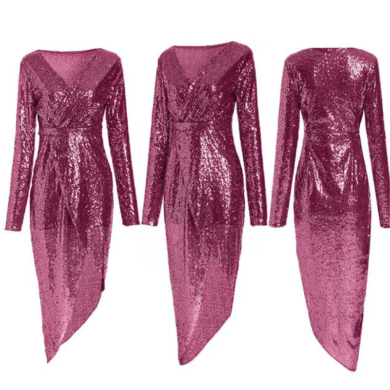 Элегантное роскошное блестящее Макси платье с v образным вырезом длинным рукавом