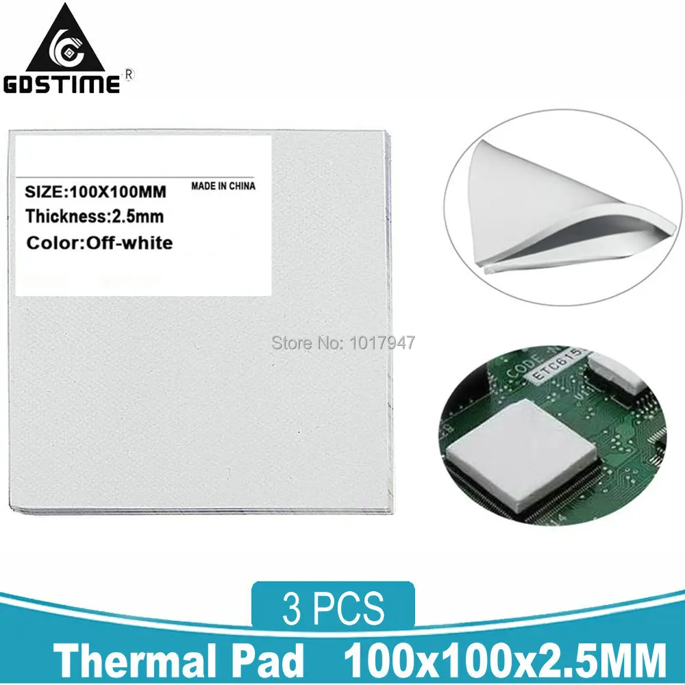 

3Pcs Gdstime Thermal Pad 100mm x 100mm x 2.5mm Thickness CPU Heatsink Cooling Conductive Silicone Pads
