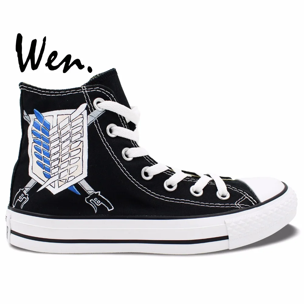 

Wen Black Hand Painted Shoes Design Custom Wings Attack on Titan Logo Anime High Top Men Women's Canvas Sneakers