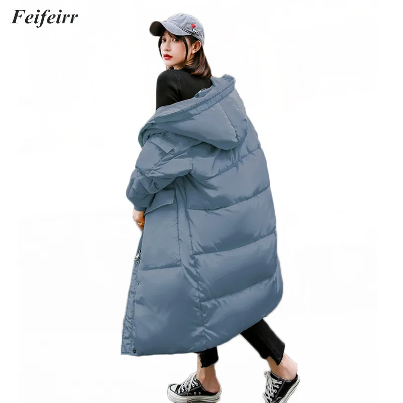 Новинка 2018 зимняя однотонная теплая Свободная куртка выше колена с капюшоном и