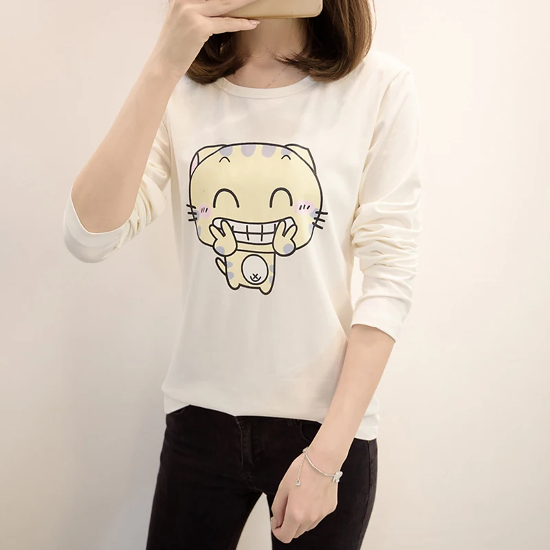 Remeras Mujer 2018 Autumn Funny Tee Shirts Women Cotton Tshirts O-Neck Cartoon Cat Womens Long Sleeve Top Tshirt Korean Clothes | Женская