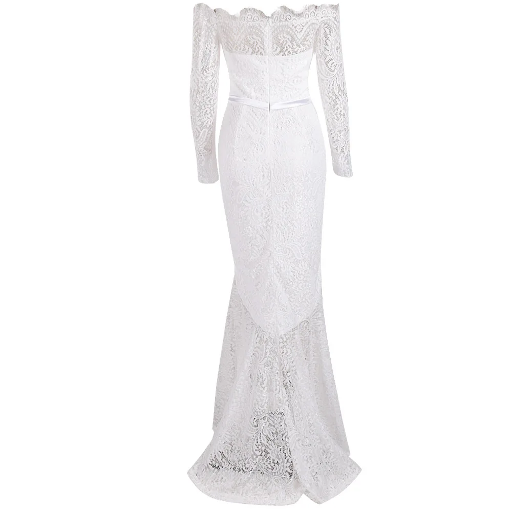 

Slash Neck Off the Shoulder Dress Long Sleeve Elegant Women Fashion Celebrity Evening Party Long Lace Black White Dresses