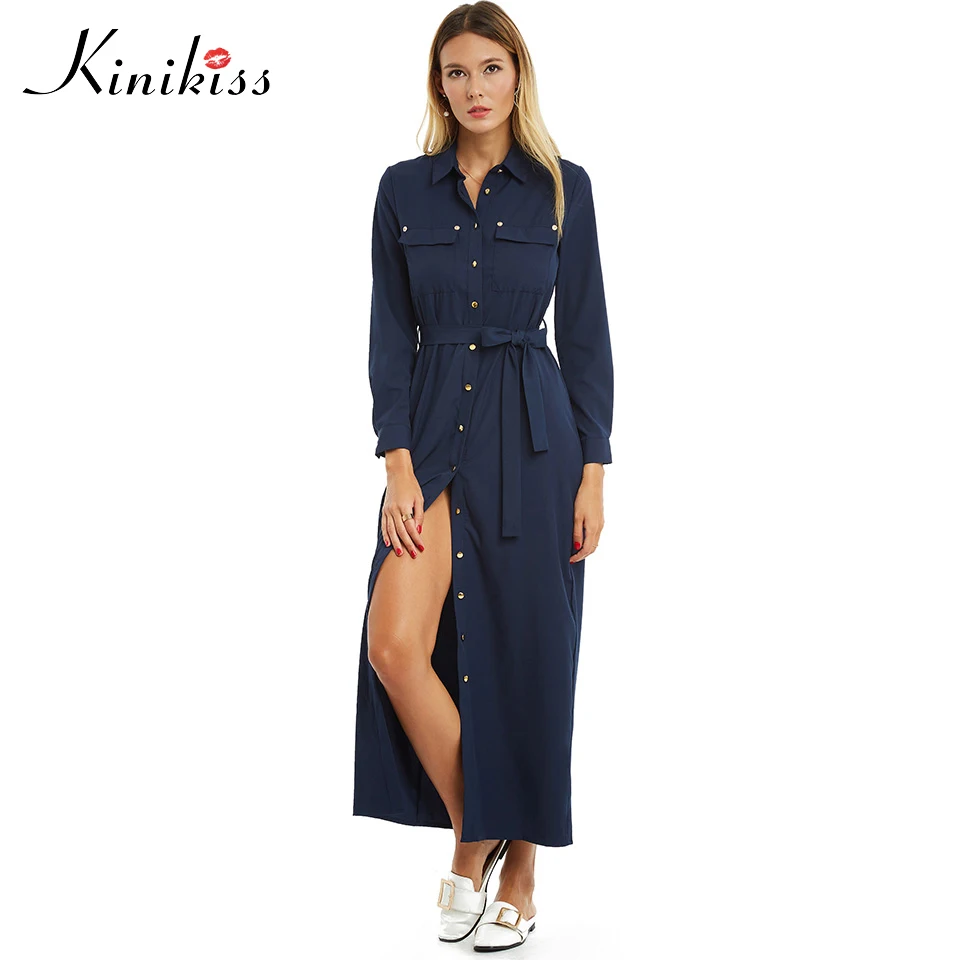 Kinikiss Женское Платье макси с длинным рукавом модные пуговицы лацканы рубашка