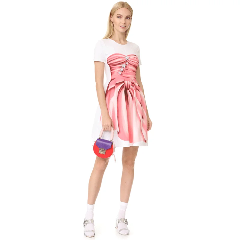 Richlulu Для женщин однотонные белые с розовым бантом платье принтом круглым вырезом