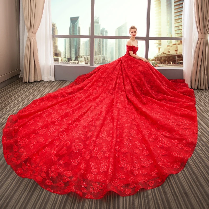 Vestido De Novia, новые элегантные свадебные платья, бальное платье с открытыми плечами, Красные Свадебные платья с рукавами, Robe De Mariage