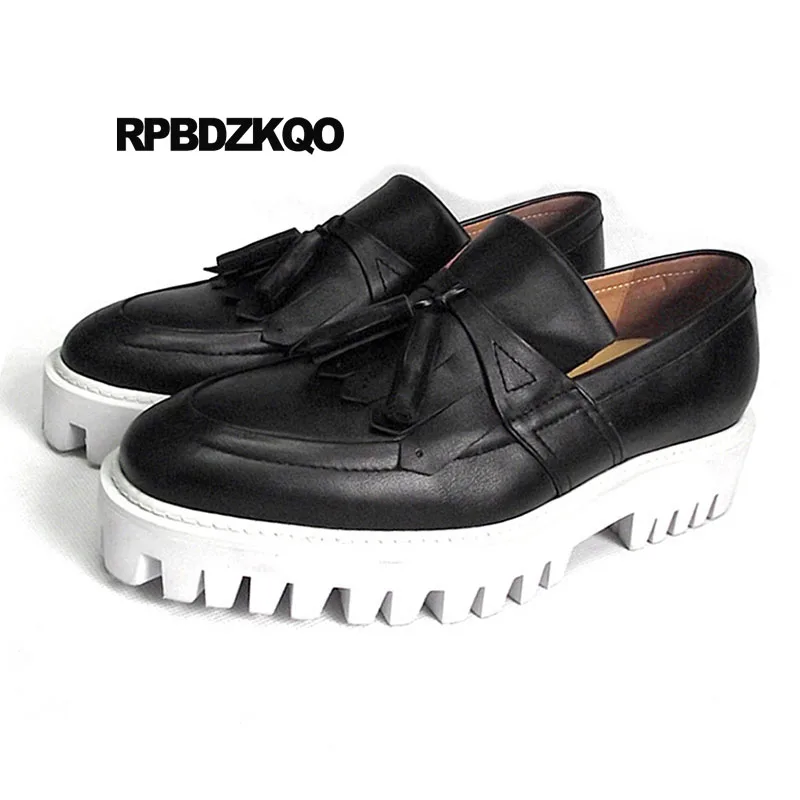 Loafers Plus Size British Style Luxury Spring Real Leather Platform Creepers Black High Quality Tassel Genuine Brand Shoes Men | Обувь