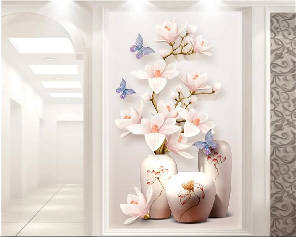 

beibehang HD fashion silk papel de parede 3d wallpaper 3D Magnolia flower embossed vase flower porch aisle decorative painting