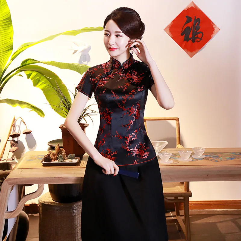SHENG COCO 4XL 10 цветов китайские Топы Qipao рубашки сливы с цветочным узором Топы Cheongsam атласные летние женские черные красные розовые