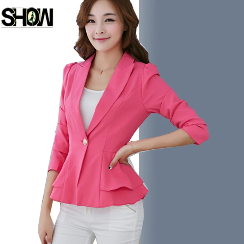 Блейзер на одной кнопке 2017 деловой костюм офисный карандаш с баской синий желтый