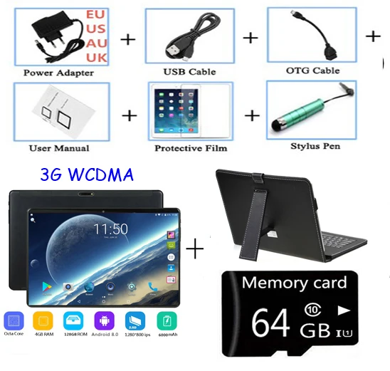 3G keyboard case 10-дюймовый Восьмиядерный 4G, планшет, PC, 4 Гб Оперативная память 128 Гб Встроенная память Android 8,0 ips 5.0MP 3g WCDMA с двумя сим-картами карты 1280*800 ips 10 дюймовый планшет - Bundle: 3G keyboard case