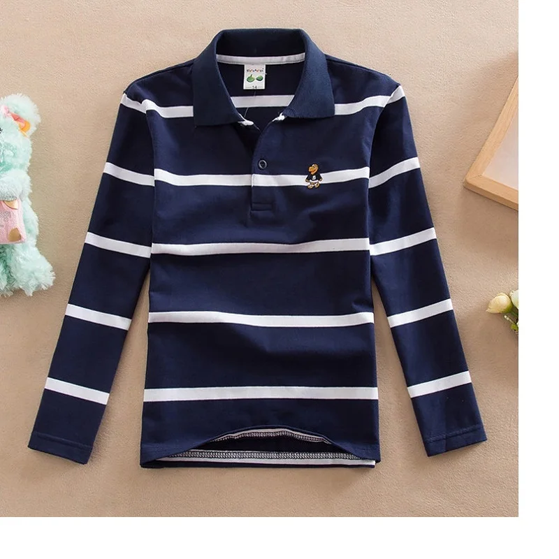 High quality 4-12 years old boy polo shirt long sleeve shirt lapel round neck striped solid color cotton T-shirt