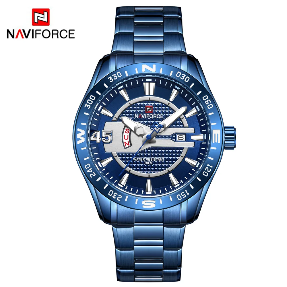 Мужские часы NAVIFORCE модные золотые кварцевые наручные мужские полностью стальные