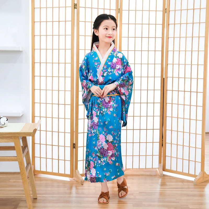 

Blue Novelty Cosplay Floaral Dress Japanese Baby Girl Printing Kimono Dress Children Vintage Yukata Kid Girl Dance Costumes