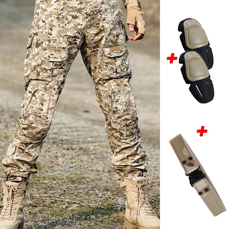 Pants With Pads belt Военные тактические брюки мужские Мульти карманные Панталоны лягушка КАРГО КАМУФЛЯЖ рабочие брюки армейский Охотник SWAT Combat CS Брюки наколенники - Цвет: Pants With Pads belt