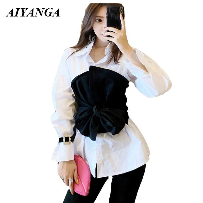Fashion Patchwork White Shirts Women 2019 Spring Blouses Female Pullovers Shirt With Sashes Long Sleeve Turn-down Collar Blouse