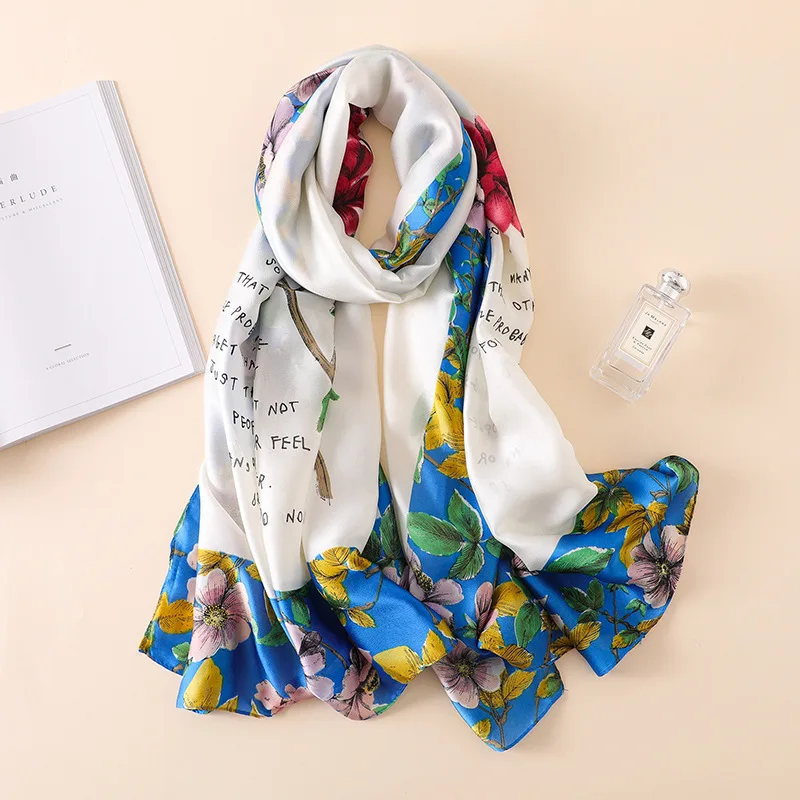 

2022 Brand Women Letter Floral Silk Scarf Spring Summer Scarves Shawls and Wraps Lady Pashmina Beach Stoles Hijab Foulards Snood
