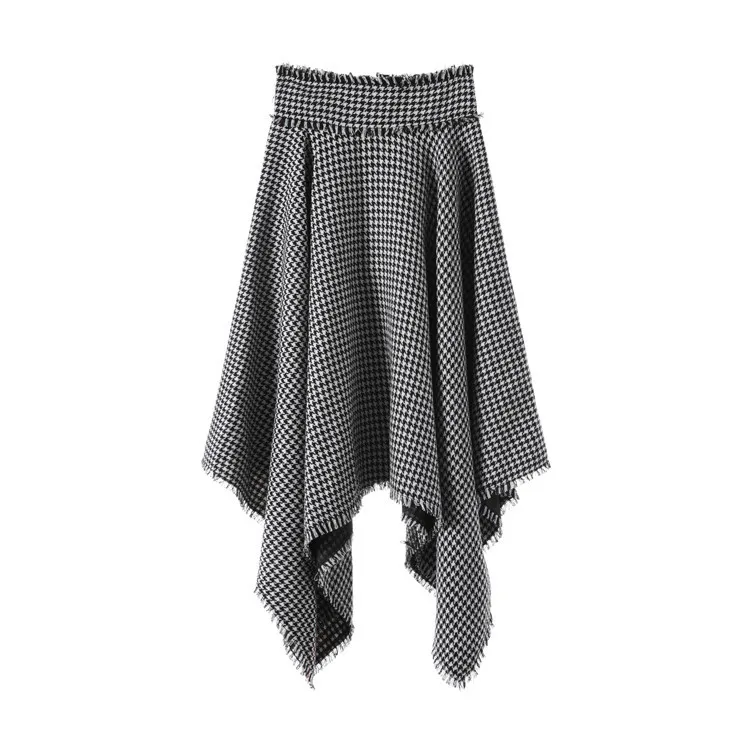 Retro Irregular Plaid Skirts Women 2018 Winter Fashion High Waist Houndstooth Fringe Long Skirt Female Tassel A-Line | Женская одежда
