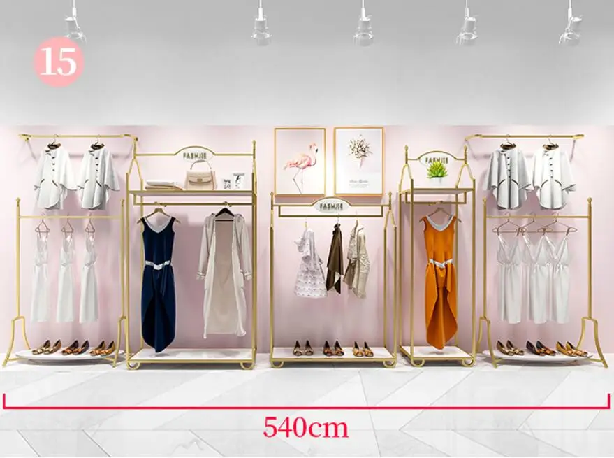 Europe type gold dress shop rack rack high grade clothes rack shoes bag double layer clothing display rack