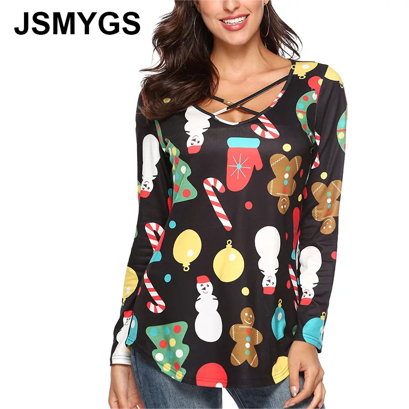 JSMYGS 2018 Christmas T-shirt Women Long Sleeve Tees Female Snowman Print Slim T Shirts Fashion Casual Pullover Tops | Женская одежда