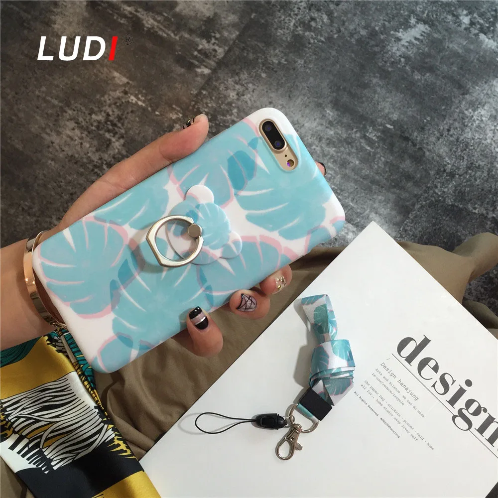 Чехол LUDI с корейскими листиками кольцом-держателем и ремнем для iPhone X 8 7 7plus6 6S Plus