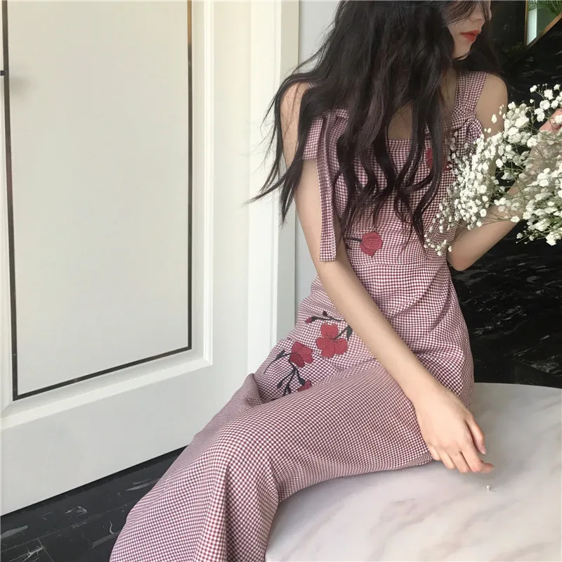 Lychee Girls Plaid Flower Embroidery Lace Up Sleeveless Summer Women Dress Long Causal A Line Female | Женская одежда