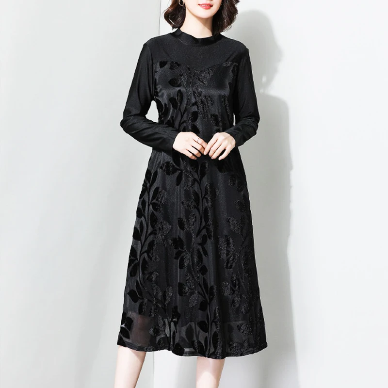 

Fall Spring 2019 Women Woman Velour Patchwork Long Sleeve Loose Elegant Black Dress , Female Womens 3xl Fashion Velour Dresses