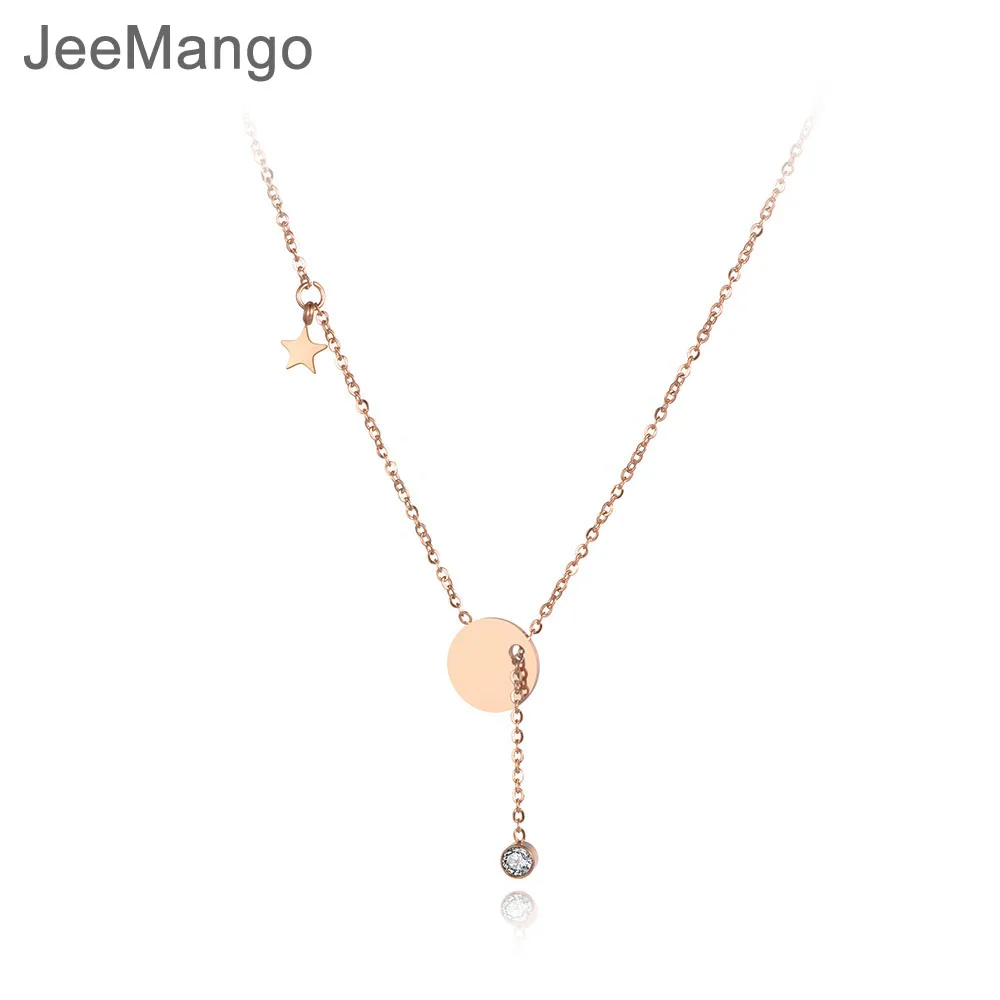 JeeMango Office Stainless Steel Round Tag Star Pendant Necklaces Jewelry Trendy Rhinestone Chokers Necklace For Women N19014 | Украшения и