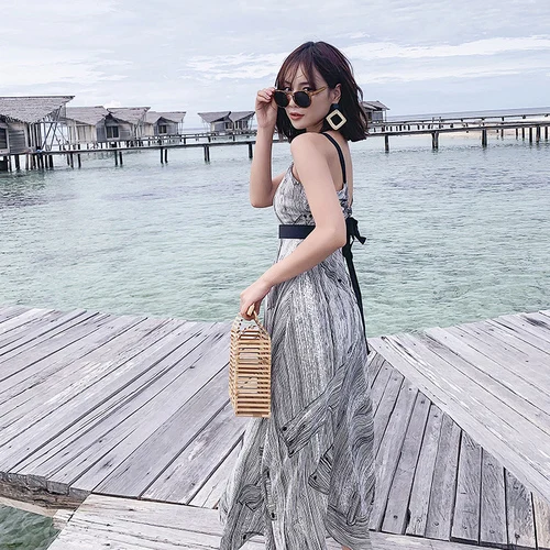 Backless Vacation Vestidos Lace Up Bowknot Summer Dresses Print Spaghetti Strap Beach Dress Mid Long Elegant Fashion Robe Femme | Женская