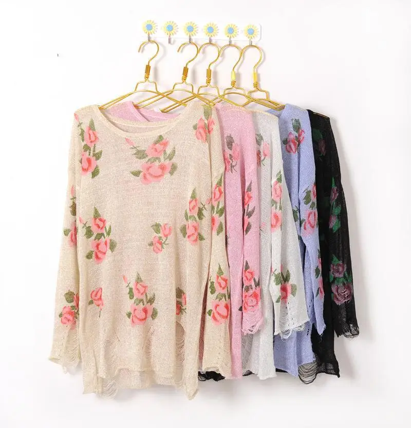 2018 новый цветочный принт потертые потертости манжеты свитер трикотаж вязаный