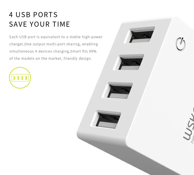 WSKEN 4 порта Смарт USB настенное зарядное устройство 5 В 2.1A зарядное устройство для путешествий зарядный адаптер для смартфона и ПК планшет универсальный ЕС США Великобритания разъем