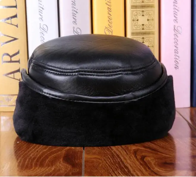 Мужская зимняя шапка 100% из овечьей кожи кепки с плоскими ушками для пожилых людей
