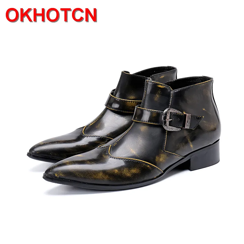 

Fashion Men Boots Genuine Leather Flat Heel Working Shoes Man Safety Metal Buckle Strap Mens Pointed Toe Boots Spring Autumn New