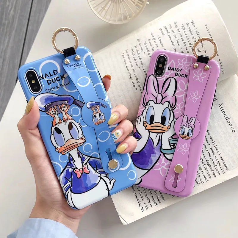 Мультяшный чехол с Дональдом и Дейзи Дак чехол для iPhone 7 8 6 6 S Plus милый ремешок на запястье кронштейн чехол для телефона iPhone XS Max XR X Чехол Fundas