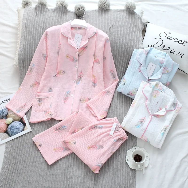 

Autumn Pure Cotton Crepe Pajama Set Long Sleeves Trousers Pyjamas Women Plus Size Nightwear Full Pijama Sexy Sleepwear Kawaii