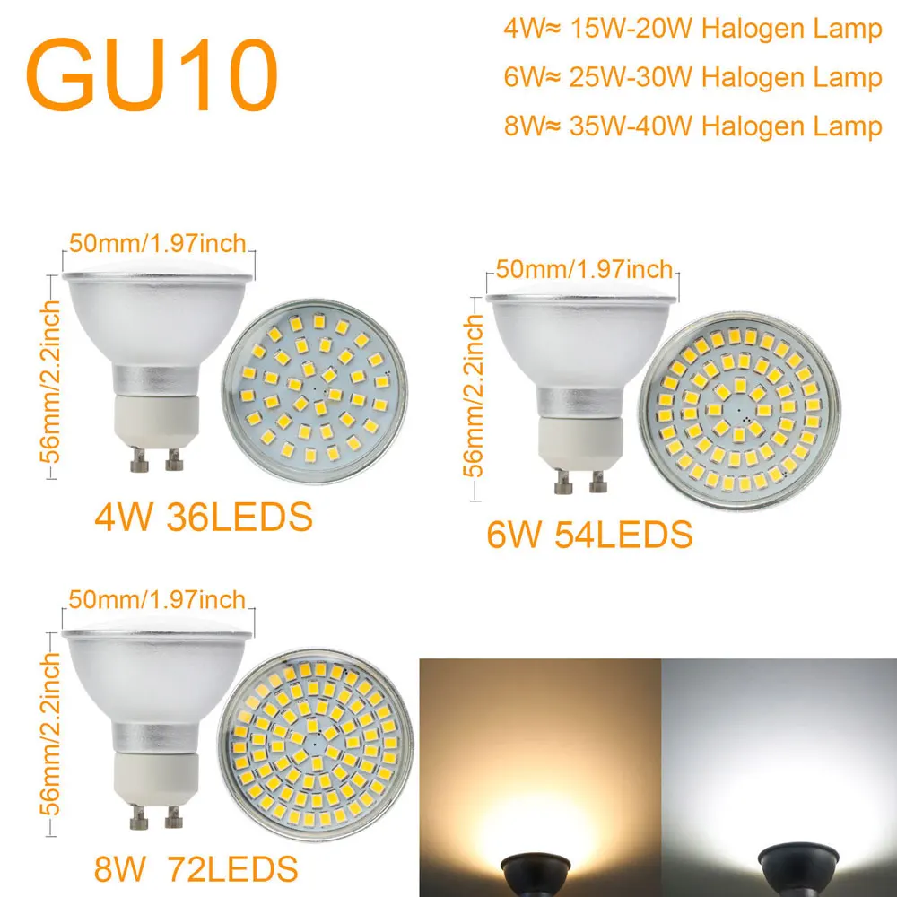 10 шт./лот GU10 светодиодные точечные лампочки 4 Вт 6 8 3528 SMD 110 В 220 в 12 24 стеклянный