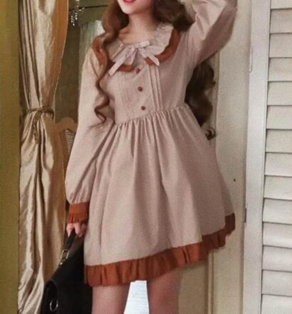 

Cute Girls Autumn Long Sleeve Dress Preppy Style Ruffled Collar Lolita Costume
