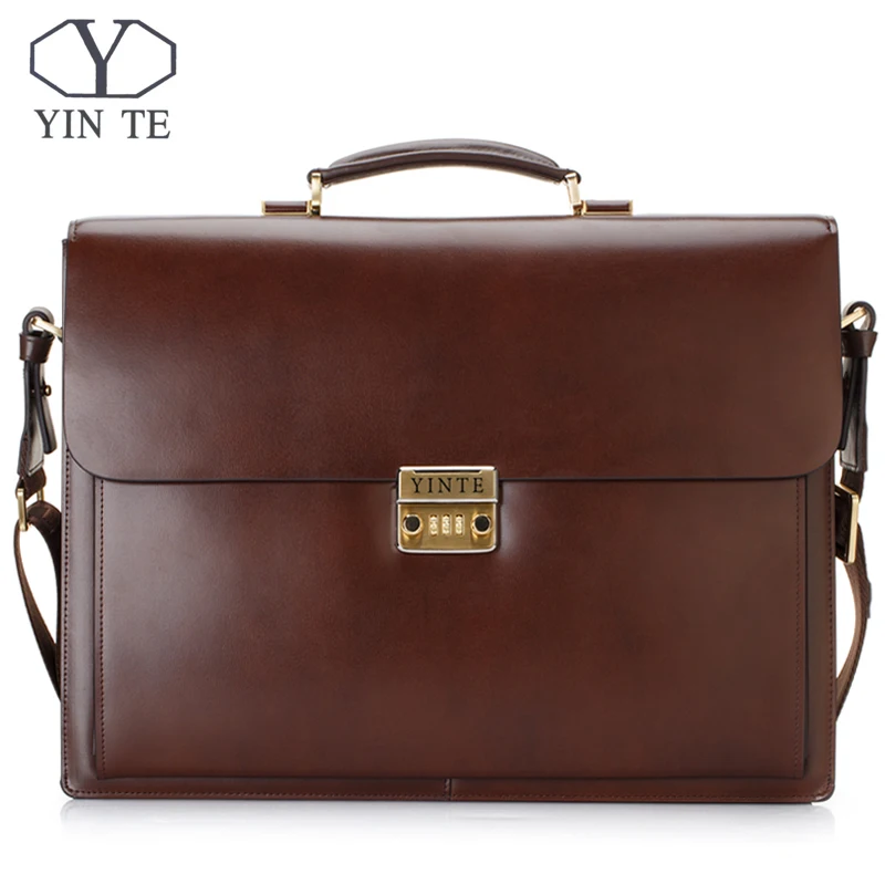 

YINTE Brown Bag Leather Men's Big Briefcase Style Bag 15inch Laptop Bags Lawyer Handbag Document Men's Portfolio Totes T8158-6