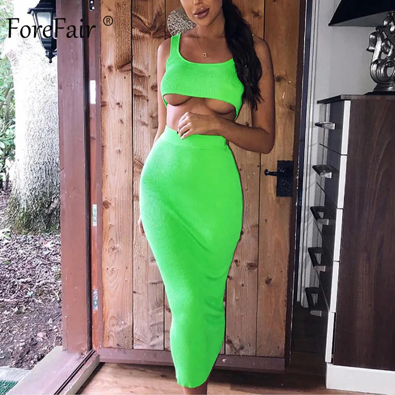Green Dress Forefair женское летнее платье из двух частей, неоновый розовый зеленый оранжевый с открытыми плечами, 2 предмета, вечерние, Клубные, ребристые, трикотажное, сексуальное, миди платье - Цвет: Green Dress