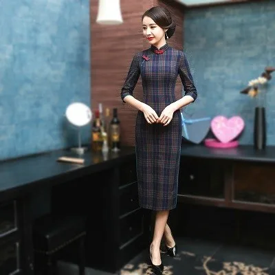 Sheng Коко Женская Полосатая сетка Qipao традиционный ченсам китайское платье решетки Восточная Ципао вечерние длинные Qi Pao платья - Цвет: Striped Grid Qipao