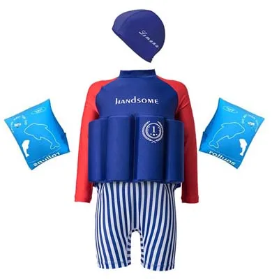 Blue white stripe Плавучие купальные костюмы с принтом для девочек Мальчики Купальники Детские тренировочные костюмы для плавания шляпа надувные рукава - Цвет: Blue white stripe