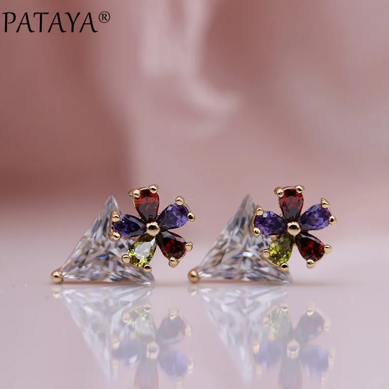 Новые Белые треугольные серьги-гвоздики PATAYA 585, розовое золото, Разноцветные серьги в форме капли воды, натуральный циркон, женские модные ювелирные изделия, простые серьги