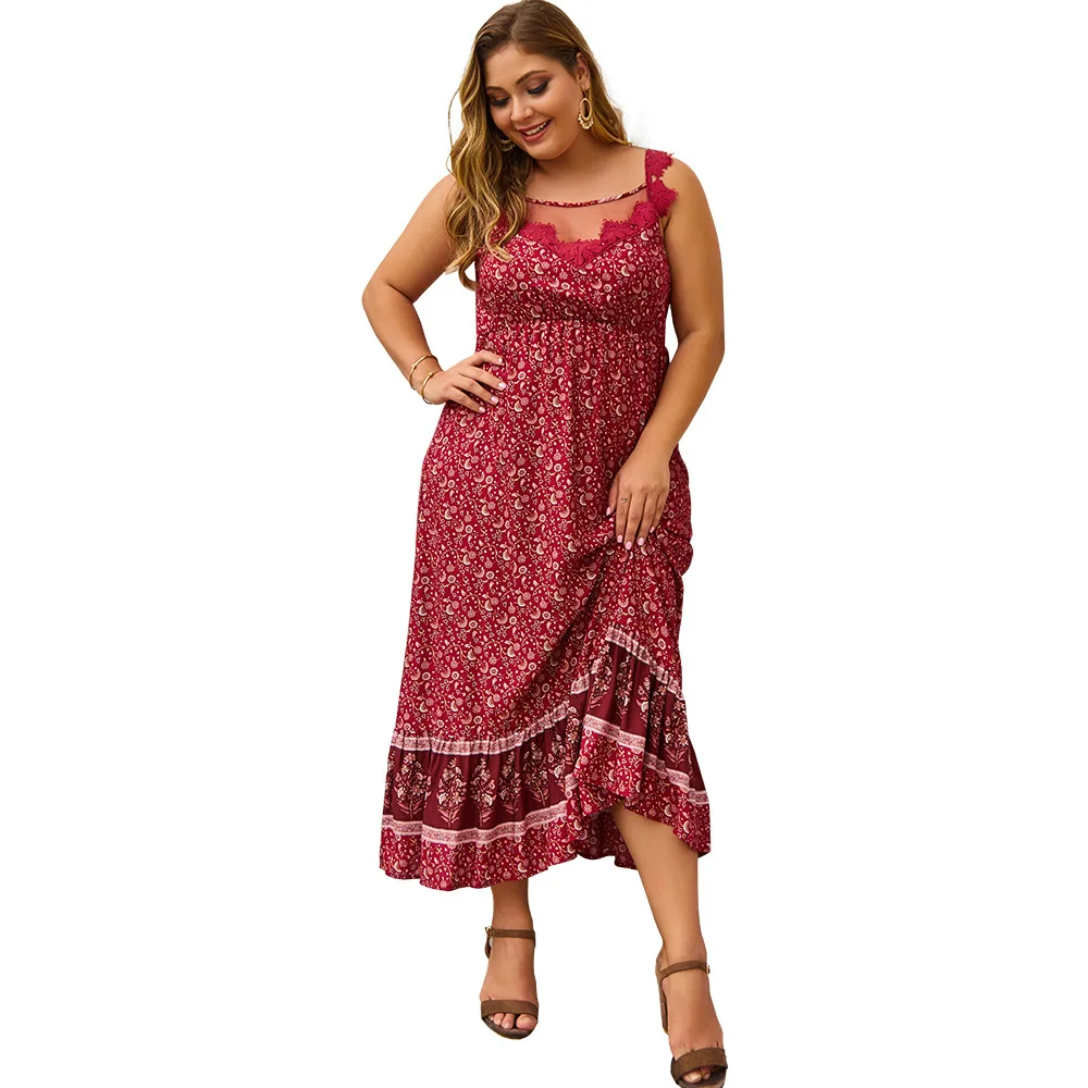 Кружевное лоскутное платье для женщин на бретелях с высокой талией красное