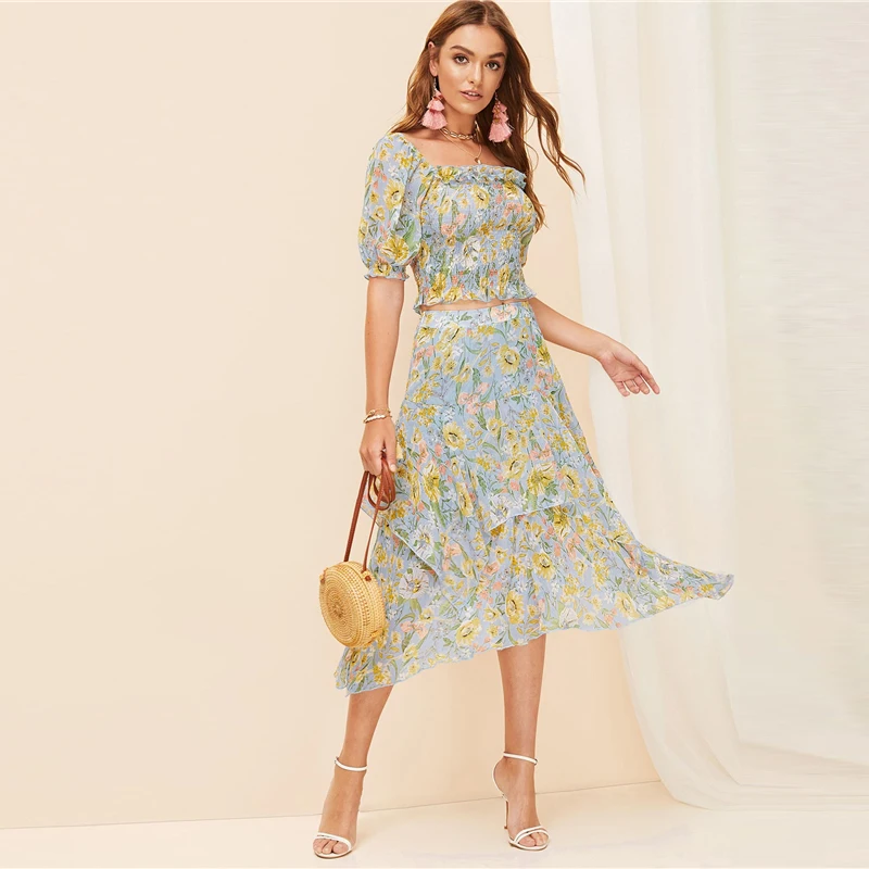 SHEIN Многослойная Асимметричная Юбка С Ботаническим Принтом Женская Летняя Многоцветная Богемная Юбка