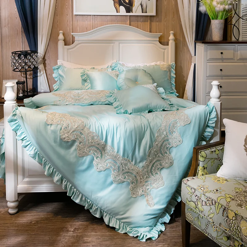 

Wedding Four-piece Silk Duvet Cover Set Bedding Set 60S 100% Cotton Ruffles Quilt Cover Bed Sheet Queen King 1.5m 1.8m 2m Bed