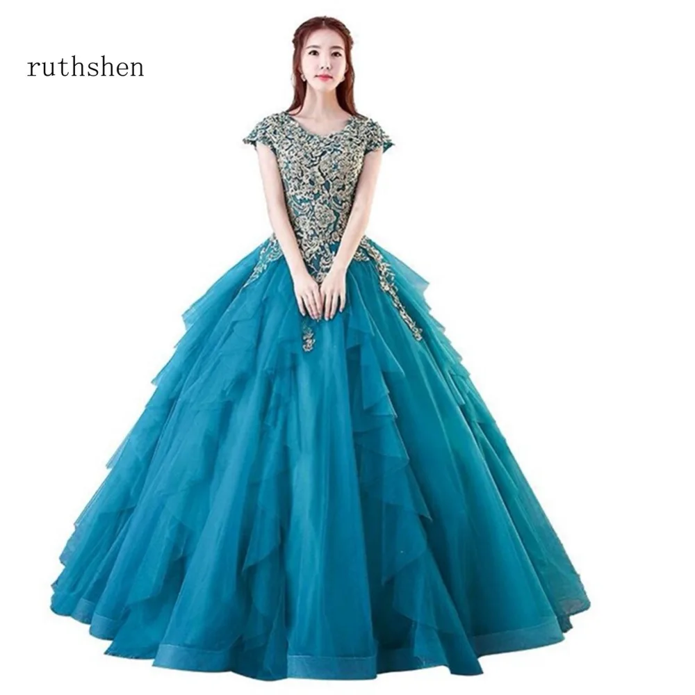 ruthshen Luxury Long Quinceanera Dresses With Short Sleeves In Stock Beaded Appliques Debutante Ball Gowns Vestidos Anos 2020