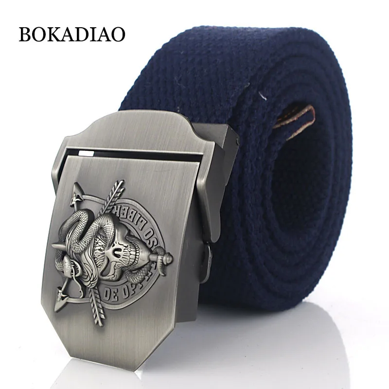 BOKADIAO-Cinturón de lona militar para hombre y mujer, correa de lujo con hebilla de Metal y calavera cobra, para Vaqueros, tácticos del ejército